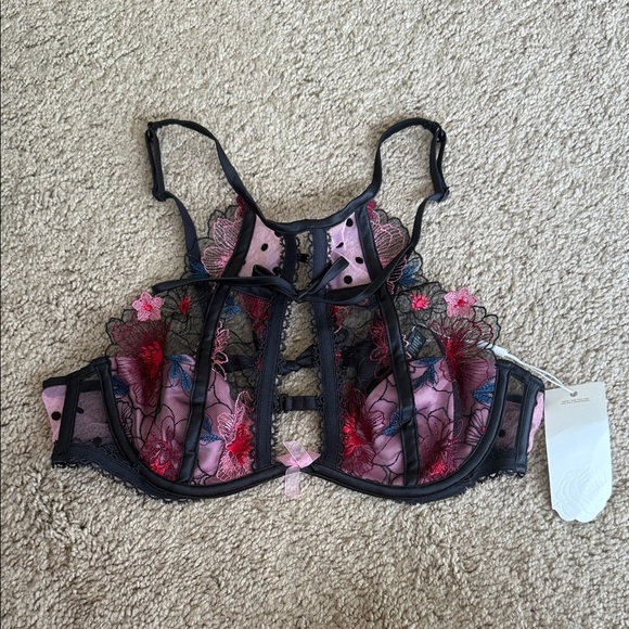 NWT For Love and Lemons High Neck Black Pink Floral Lavender Polka Dot Bralette - Picture 2 of 6
